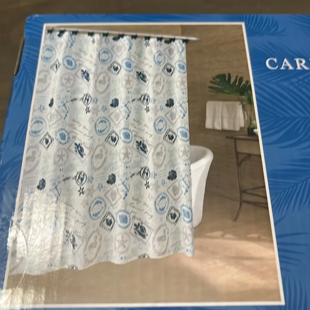 New! Caribbean Joe Blue and White Turtle Shower Curtain Set